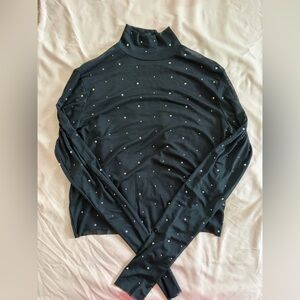 Black, Rhinestone, Mesh mock neck
